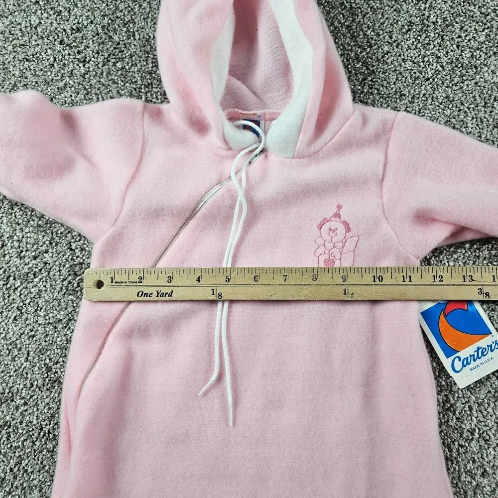 Vintage Carter Baby One Piece Pink Hood Fleece USA Made Soft Embroidery 70s 80s